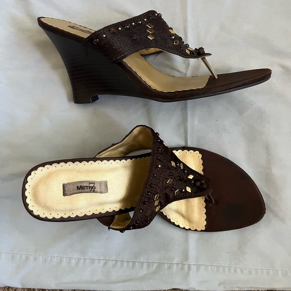 Metro Dark Brown Embellished Wedge Sandals